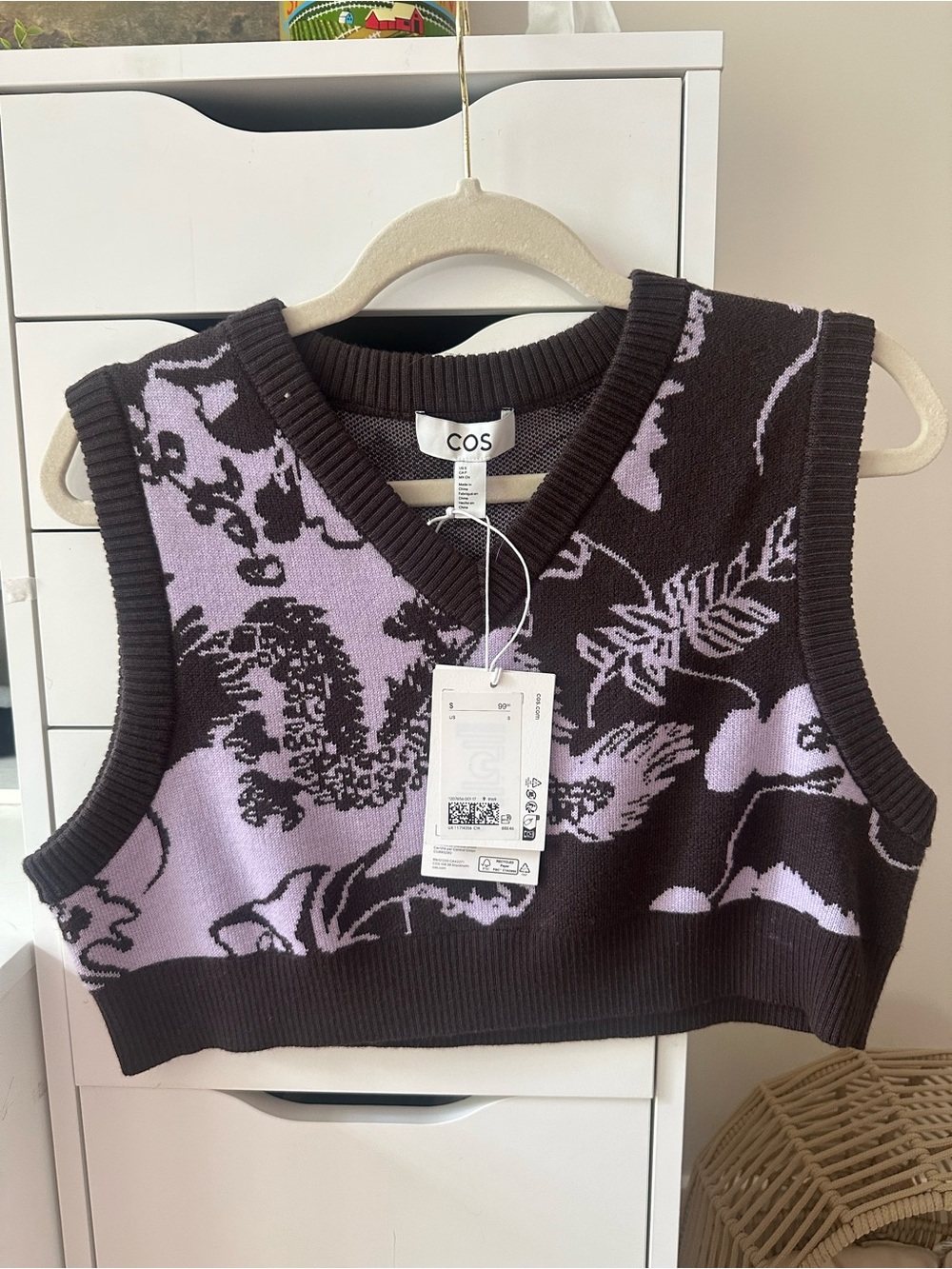 COS 100% Wool Cropped Sweater Vest Dragon Floral Jacquard NWT